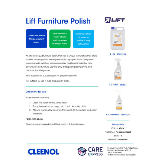 Lift Furniture Polish Heavy Duty Refill Flasks Pack of 6 750ml