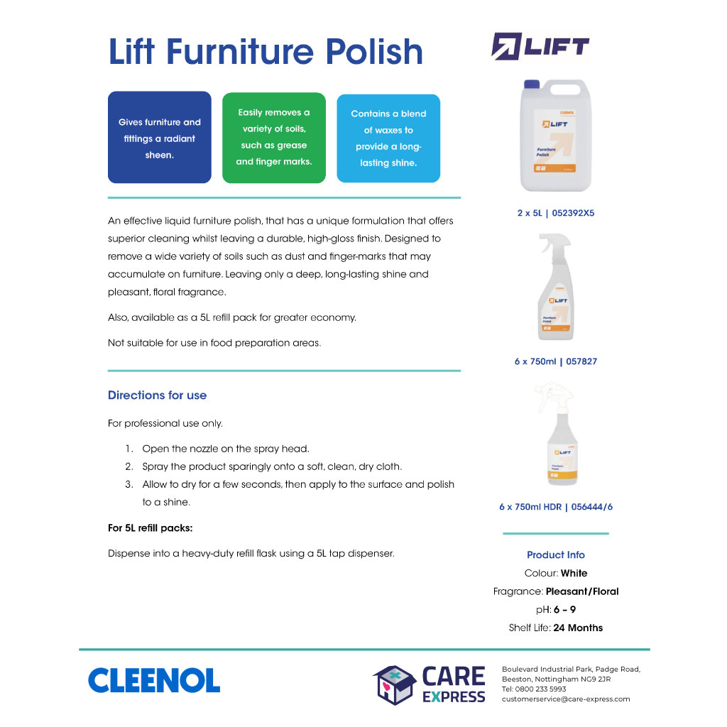 Cleenol Lift Furniture Polish Heavy Duty Refill Flasks - 750ml (Pack of 6)