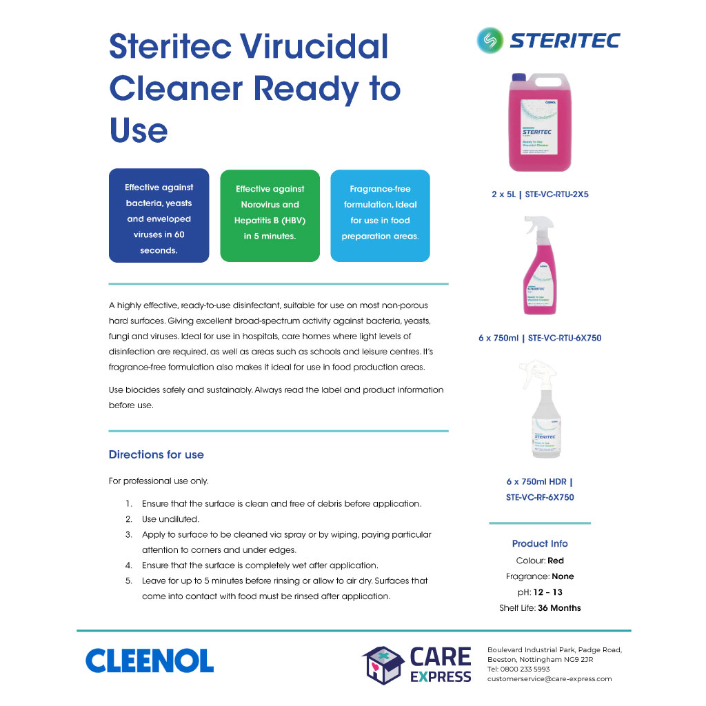 Cleenol Steritec Virucidal Cleaner RTU - 750ml (Pack of 6)